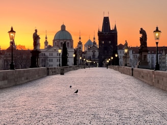 a stone walkway with a statue and buildings in the background with Charles Bridge in the background