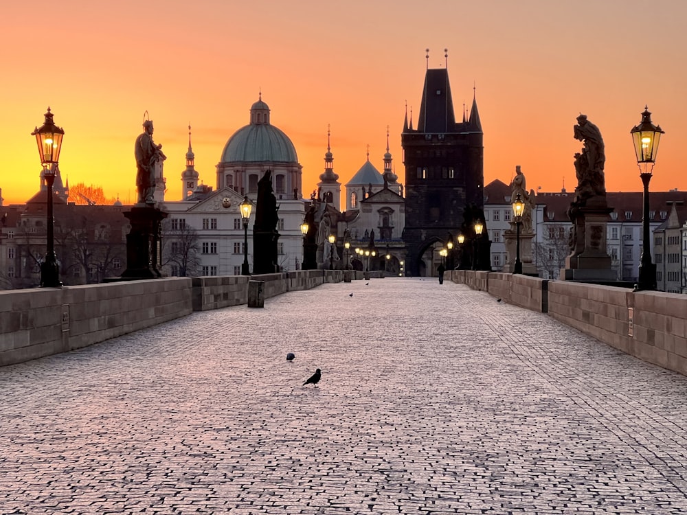 a stone walkway with a statue and buildings in the background with Charles Bridge in the background