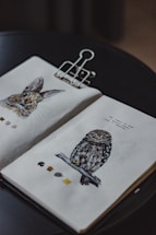 An open sketchbook rests on a dark surface, displaying detailed illustrations of a rabbit on the left page and an owl perched on a branch on the right page. The sketchbook is held open by a large metallic clip. Small color swatches are visible beneath each illustration, suggesting a focus on texture and detail.