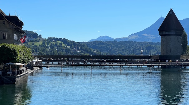 Scenic view of Lake Léman with walkers crossing a wooden bridge surrounded by greenery.