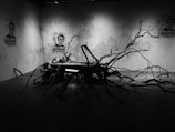 A dimly lit room with abstract art on the walls, featuring human faces and intricate patterns. In the center, a sculpture made of twisted branches spreads across the floor, interacting with the dark shadows.