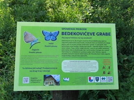 A green informational sign on a grassy field with detailed text about Bedekovićeve Grabe, a nature area. It features illustrations of a butterfly species, the 'zagasti livadni plavac' and the 'veliki livadni plavac'. The sign includes several logos at the bottom and a photo of a building. It also contains a QR code and warnings about banned quad and cross motor vehicles.