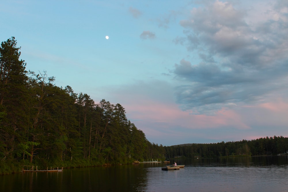 a boat on a lake with trees and a moon in the sky