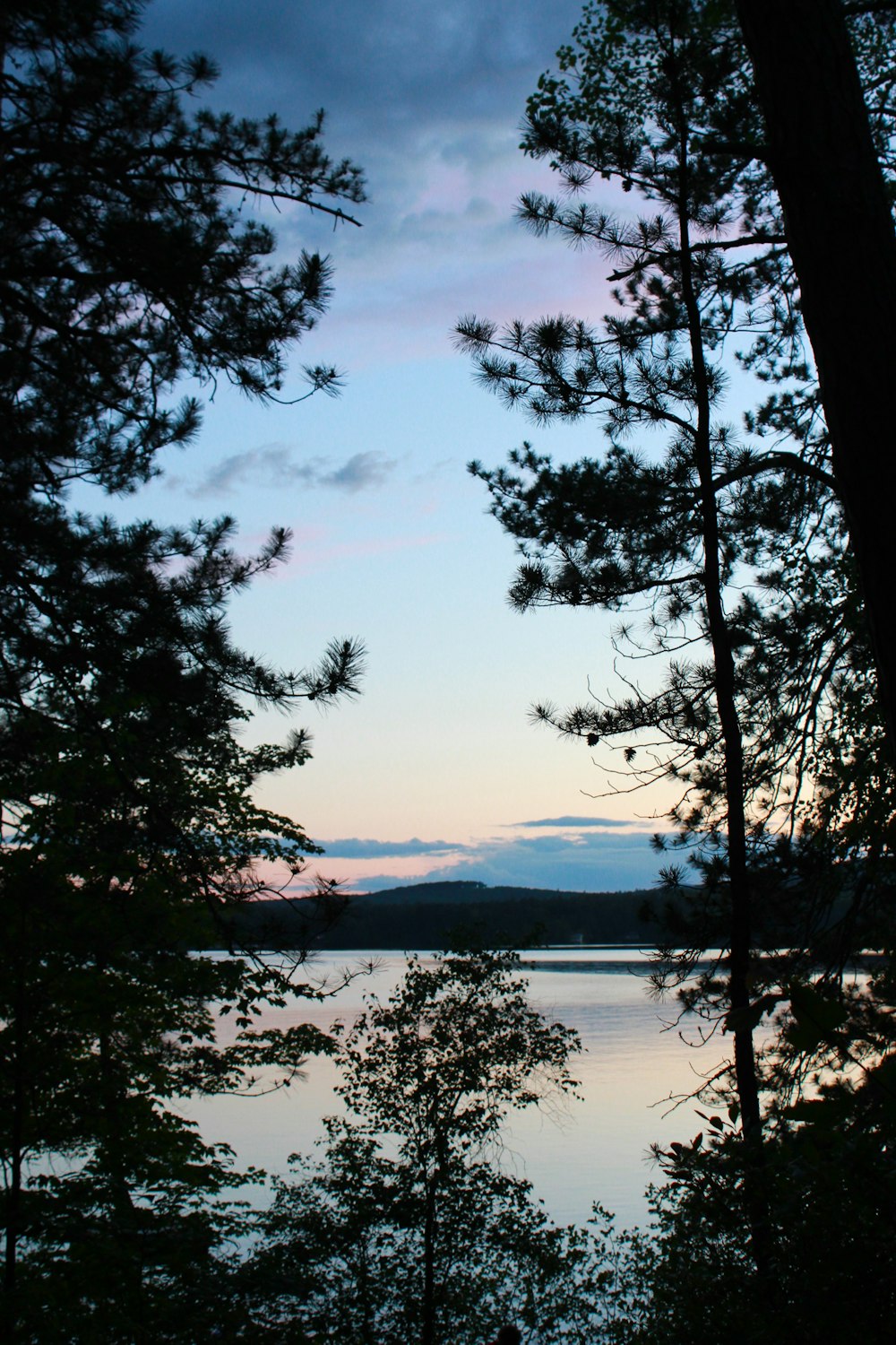 a lake with trees and mountains in the background