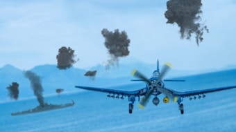 Aerial view of a military aircraft flying over the ocean with visible mountains in the background. Black smoke clouds are scattered around, likely from explosions or anti-aircraft fire. A ship is visible on the water, adding to the wartime atmosphere.