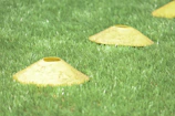 A group of kids engaged in footwork exercises with bright green cones.