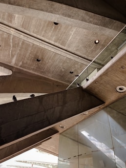 A photograph showcasing an architectural concrete structure with multiple levels and sharp angles. The ceiling has several recessed circular lights, and there are two pigeons perched on the concrete ledges. Glass panels and reflective surfaces are visible in the lower part of the image.