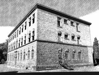 Black and white illustration of a townhouse with detailed architectural lines.