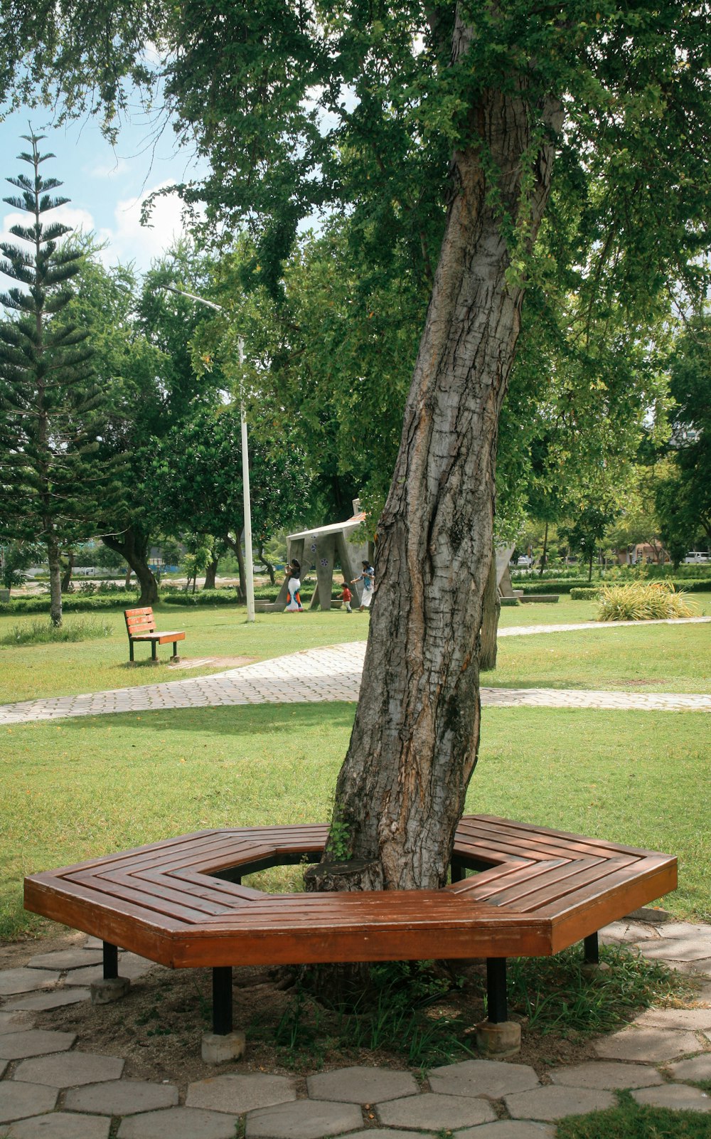 a park bench in front of a tree