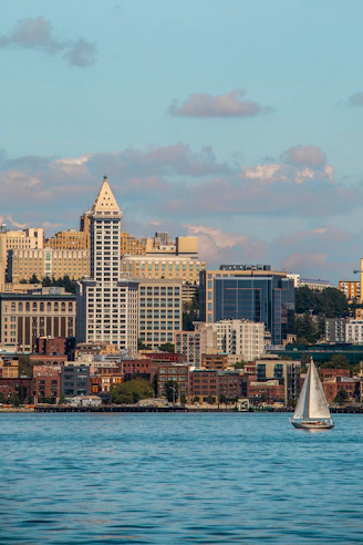 a sailboat in the water with a city in the background