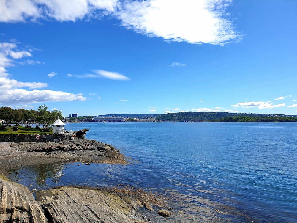 a body of water with rocks and trees around it