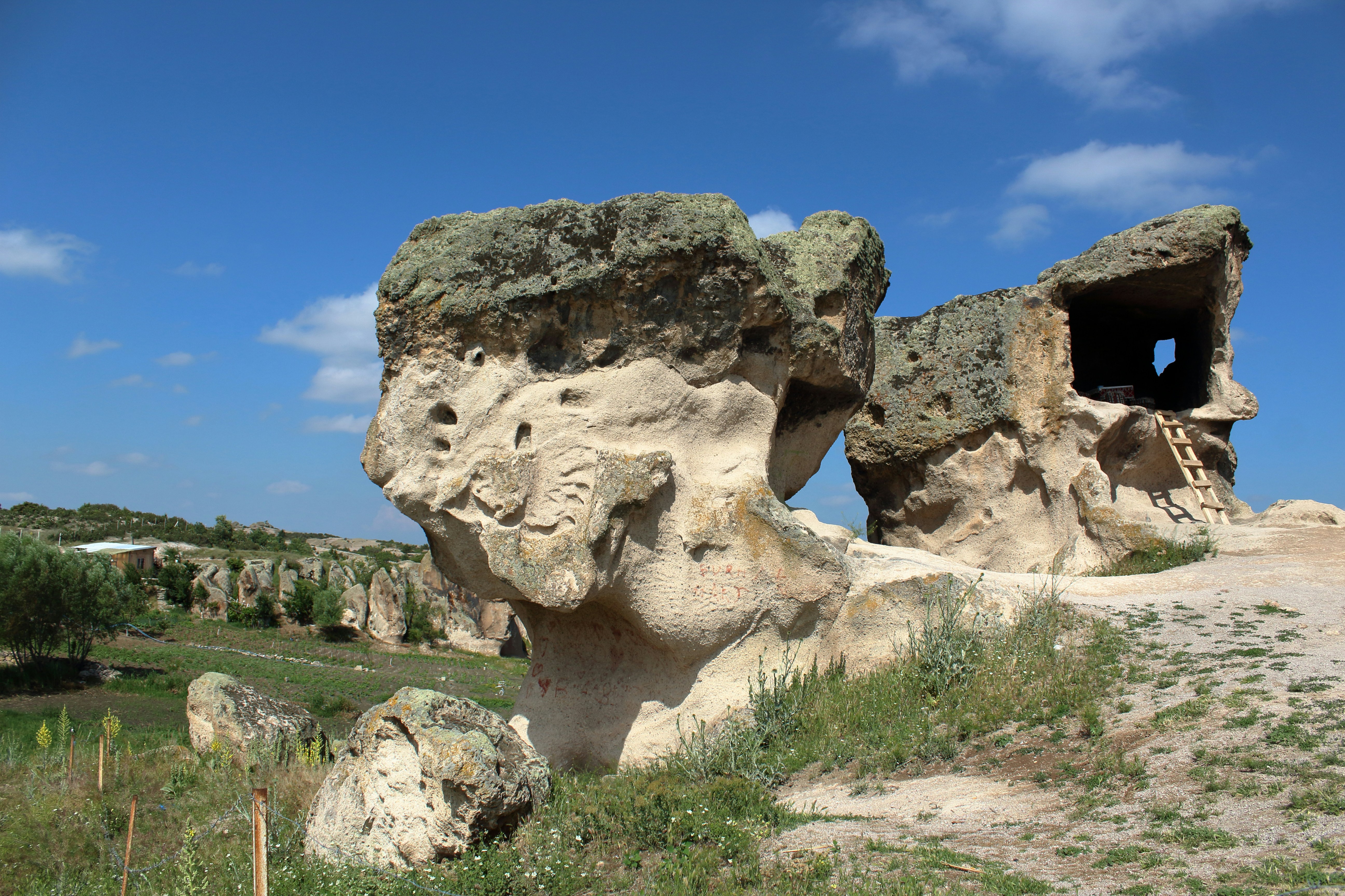 une grande formation rocheuse dans un champ herbeux
