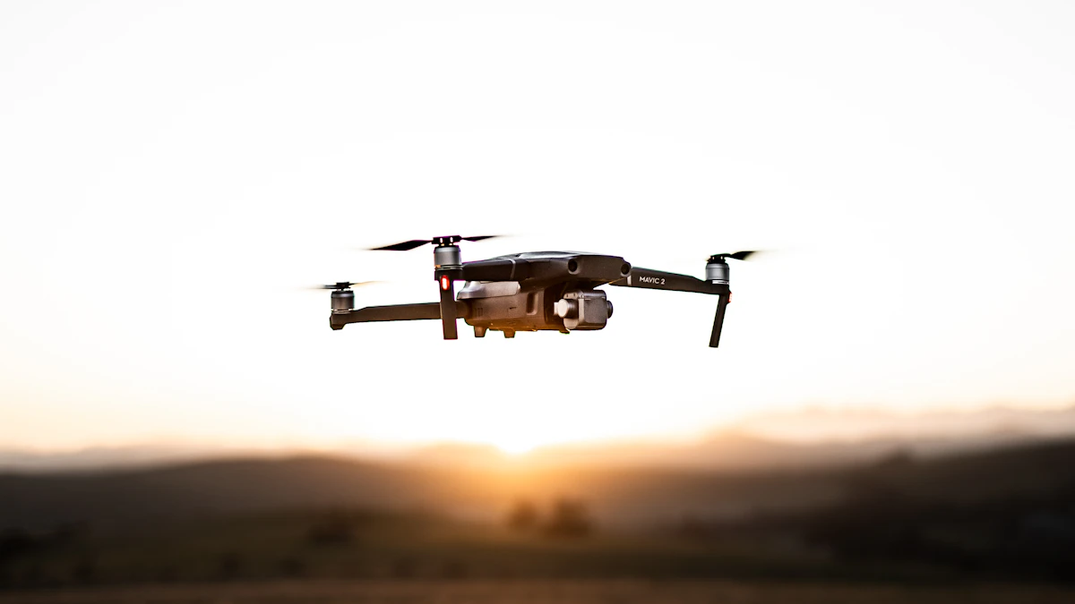 Stabilized camera drone flying outdoors