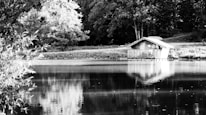 a house on a hill by a lake