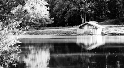a house on a hill by a lake
