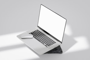 Photo of a laptop displaying a minimalist website layout with a digital tone.