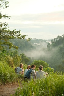 a group of people hiking in the woods