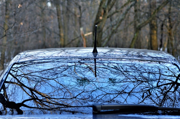 A shiny, newly replaced windshield reflecting the clear blue sky on a sunny day.