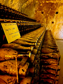 A luxurious cellar filled with rows of vintage champagne bottles under warm lighting.