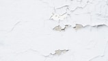 Peeling white paint on a rough-textured wall, revealing a grayish underlayer. The surface exhibits numerous cracks and flaking sections, giving a worn and aged appearance.
