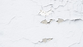 Peeling white paint on a rough-textured wall, revealing a grayish underlayer. The surface exhibits numerous cracks and flaking sections, giving a worn and aged appearance.