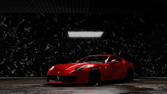 A sleek exotic supercar secured inside a pristine enclosed transport trailer under soft lighting.