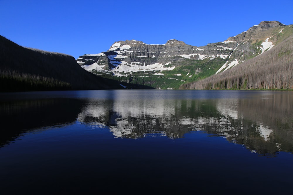 a lake with mountains in the background