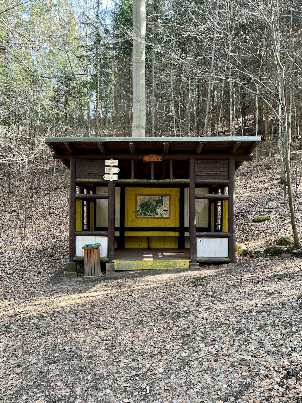 a small wooden building in the woods