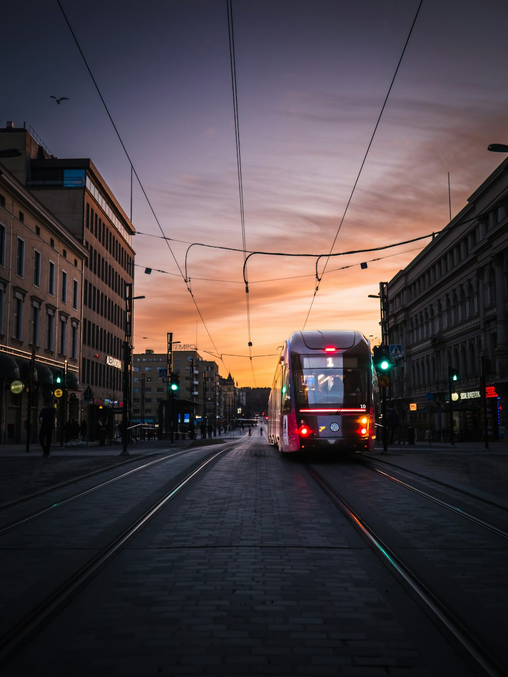 a trolley on a city street