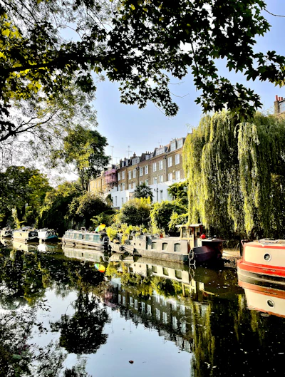 Narrowboats moored along Regent's Canal, London