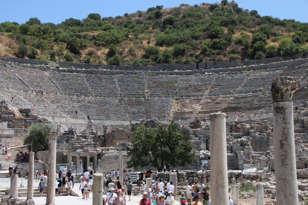 a large ancient building with many people