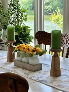 a vase with yellow flowers on a table, farmhouse decor, table runner