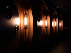 Cruise ship hallway with cabin doors and soft ambient lighting.
