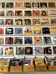 A collection of vinyl records displayed on shelves against a white wall. Several rows showcase album covers of different music genres, spanning various styles and eras. Below the shelves, wooden crates hold more vinyl records.