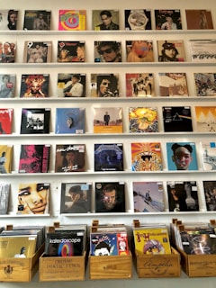 A collection of vinyl records displayed on shelves against a white wall. Several rows showcase album covers of different music genres, spanning various styles and eras. Below the shelves, wooden crates hold more vinyl records.