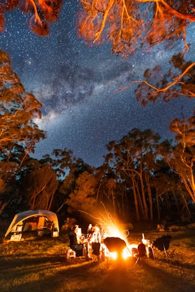 a group of people around a campfire