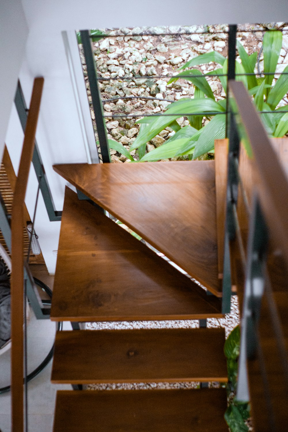 a wood table with a plant on top