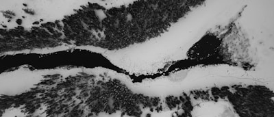 Aerial shot of a winding river captured by a drone in monochrome style.