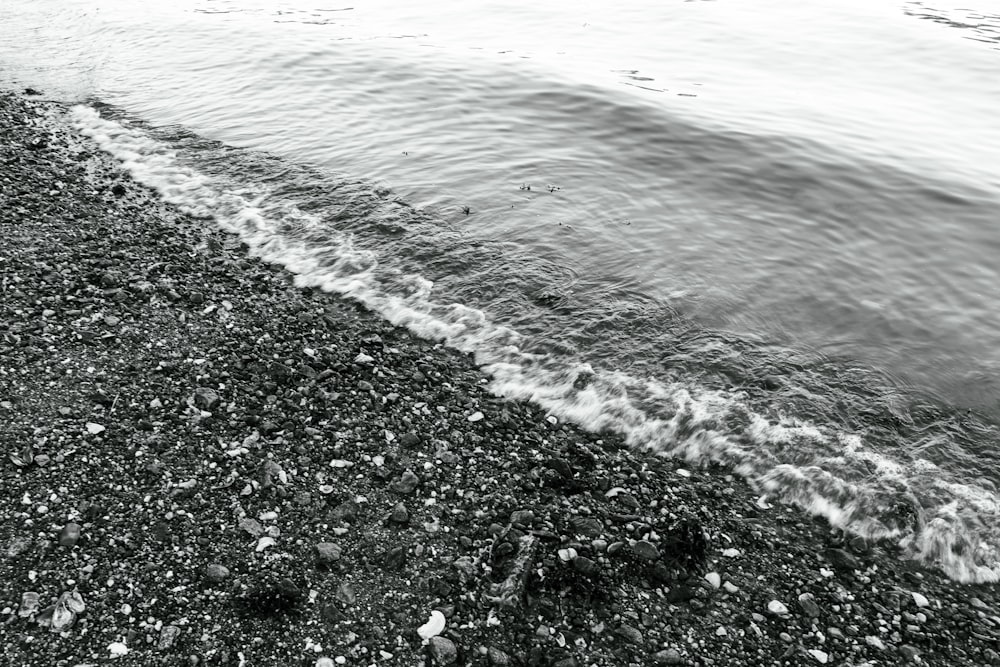 une photo en noir et blanc d’une plage avec des vagues qui s’écrasent dessus