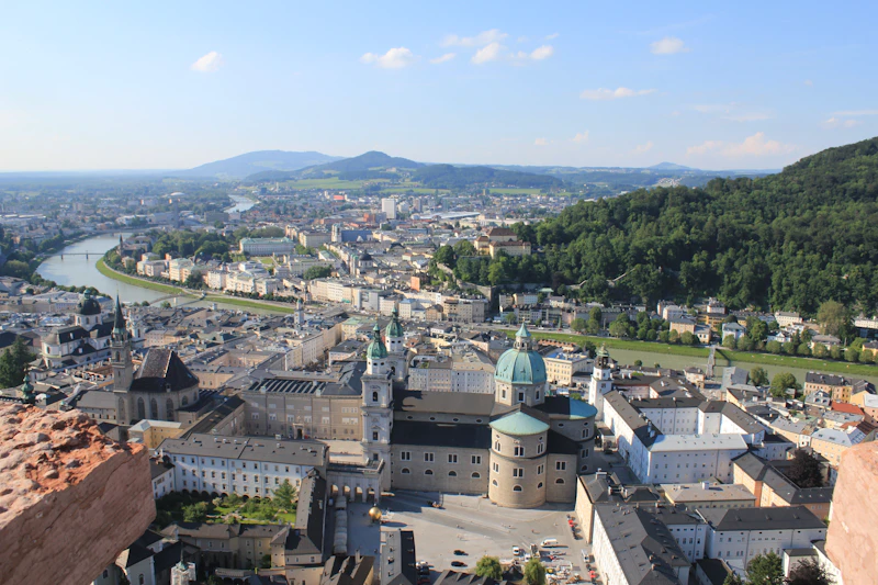 Salzburg's rooftops and leafy courtyards seen from above