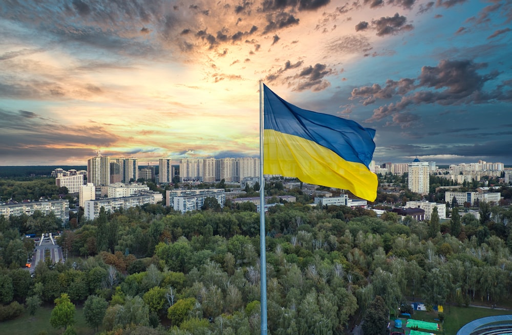 a flag on a pole with a city in the background