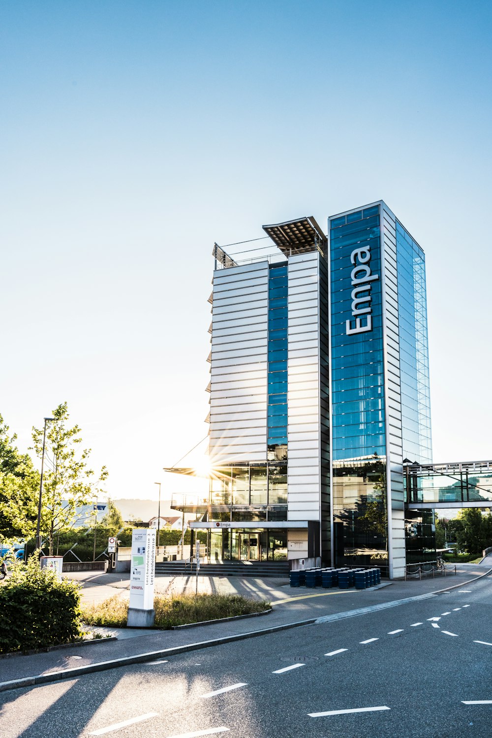 a large building with a sign in front of it