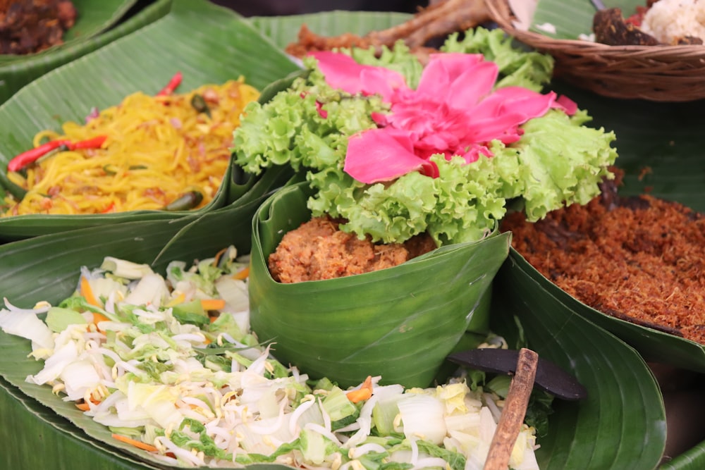 a group of bowls with food in it