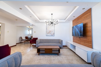 a living room with a couch and a table