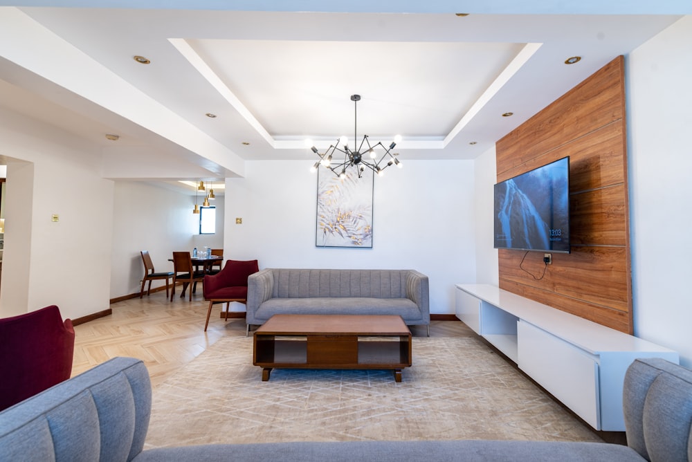 a living room with a couch and a table