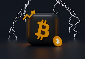 A 3D rendering features a black square with an orange Bitcoin symbol and an accompanying small coin with the same symbol. Behind, white lightning bolts illuminate the dark background, adding a dynamic visual element.
