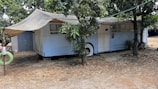 An old bus is repurposed into a shelter, partially covered by a makeshift awning. It is parked under the shade of trees, with branches and leaves surrounding it. A small path of stone tiles leads to the entrance, while a detached green hanging tire can be seen nearby. The ground around is dry and sandy, suggesting a rustic or possibly rural setting.