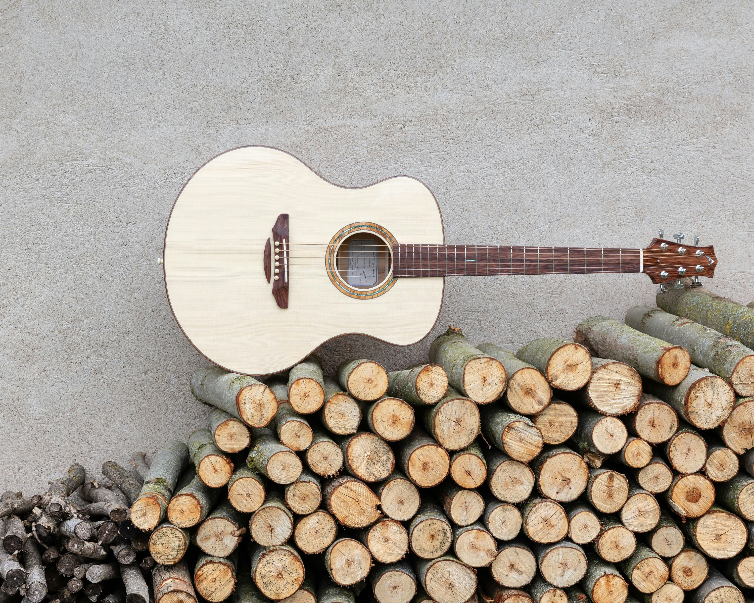 Akustisk guitar lænet op ad træstammer ved en beige væg.
