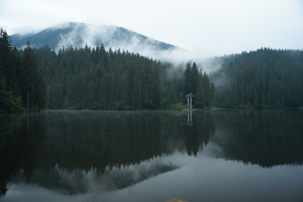 a lake surrounded by trees and mountains