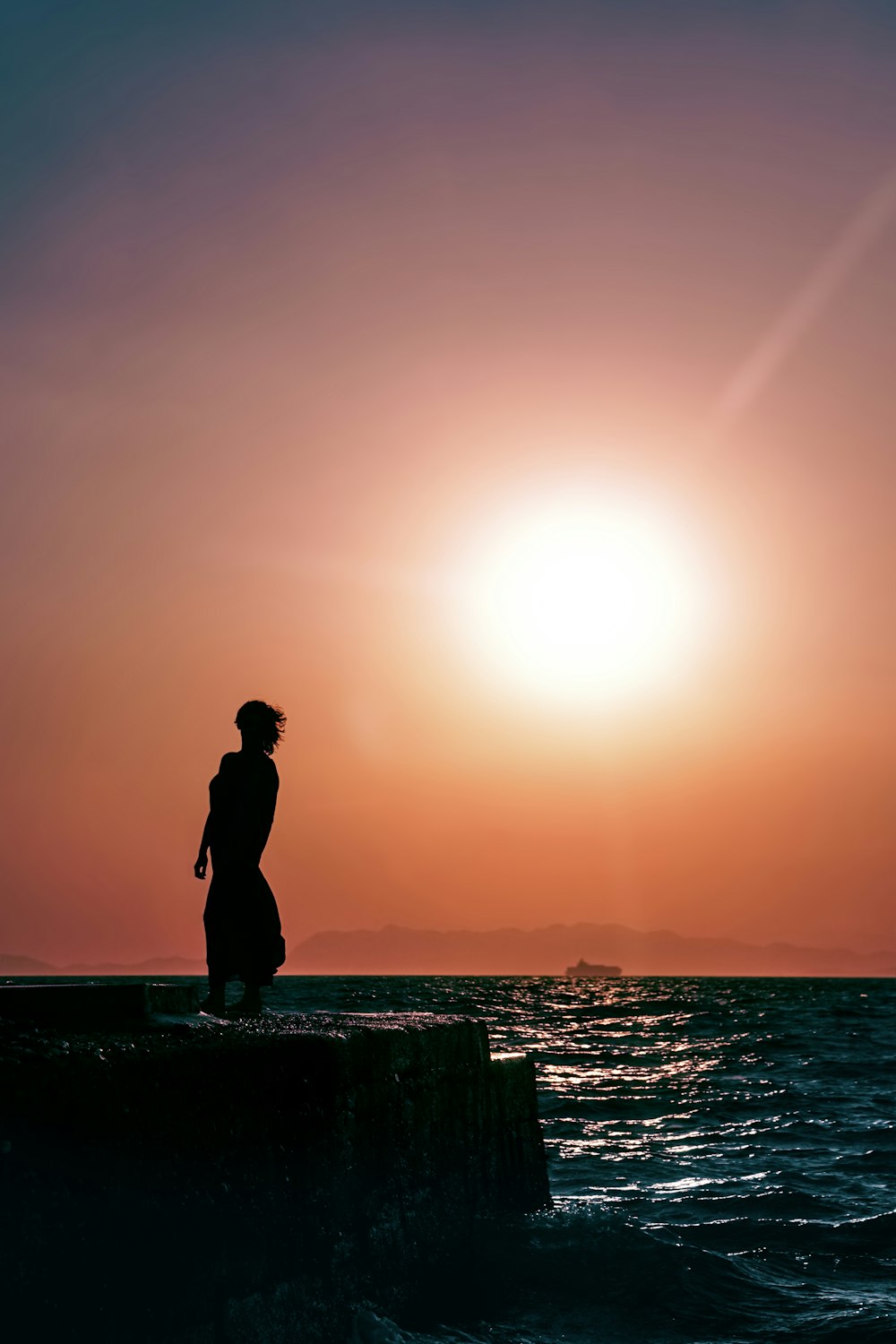 a person standing on a dock looking at the sunset